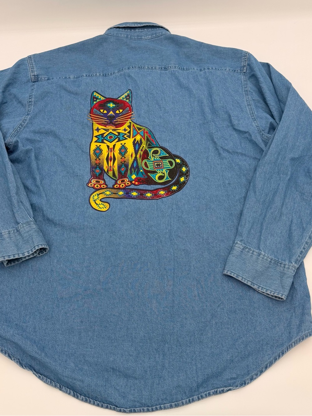 VTG Grandmacore Denim Button Down Aztec Cat Abstract Puff Print Long Sleeve XL